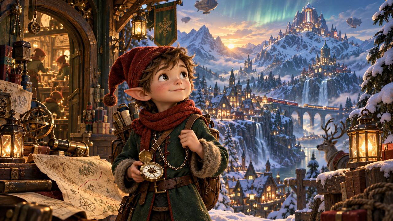Elfindo holding a brass clock-compass, with the glowing Elf Town and the northern lights behind him.
