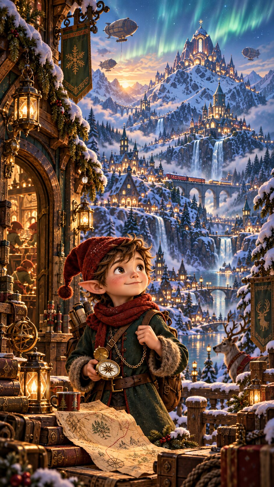 Elfindo holding a brass clock-compass, with the glowing Elf Town and the northern lights behind him.